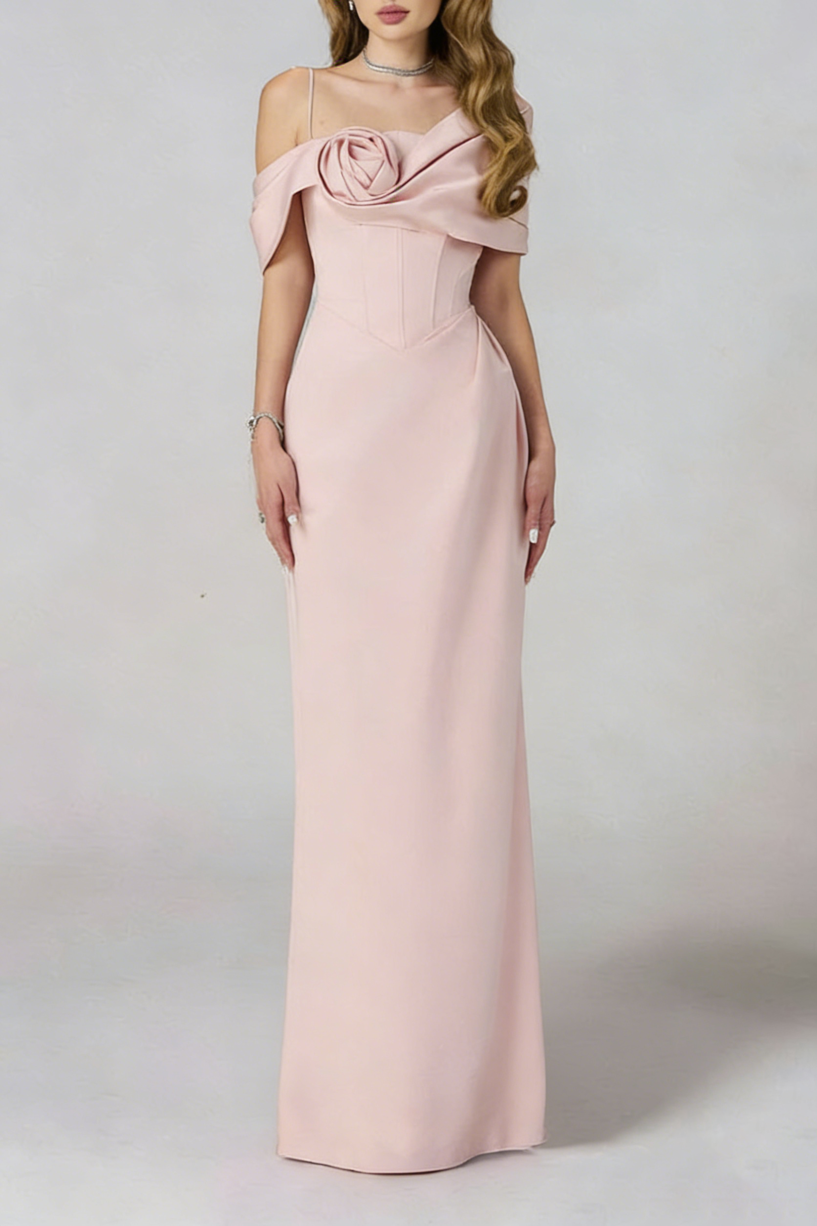 Leona Sheath Asymmetric Shoulder Taffeta Ankle Maxi Dress In Pink