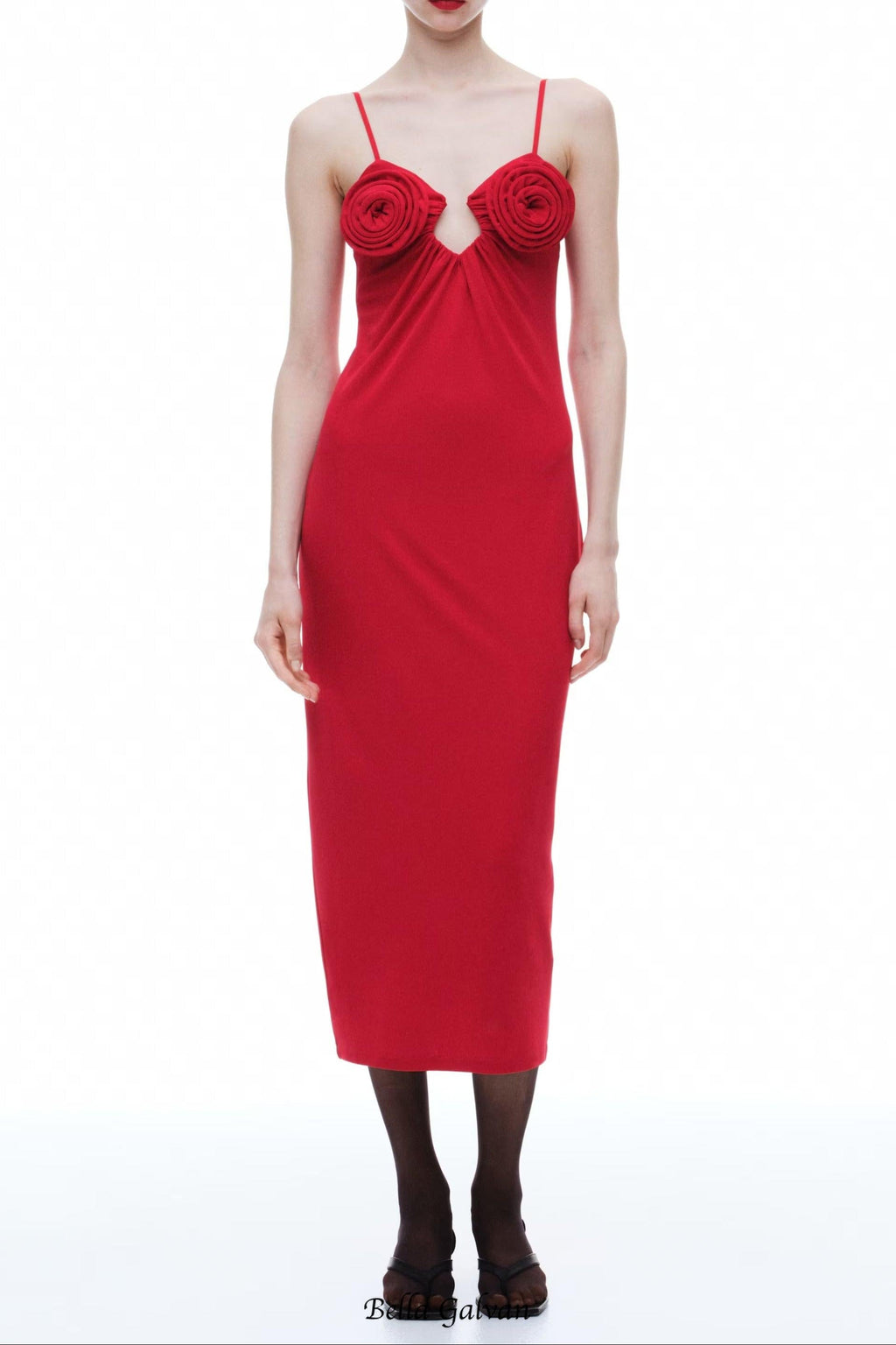 Rose Appliqué Strappy maxi Dress in red