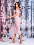 Off Shoulder Glitter Midi Cocktail Dress