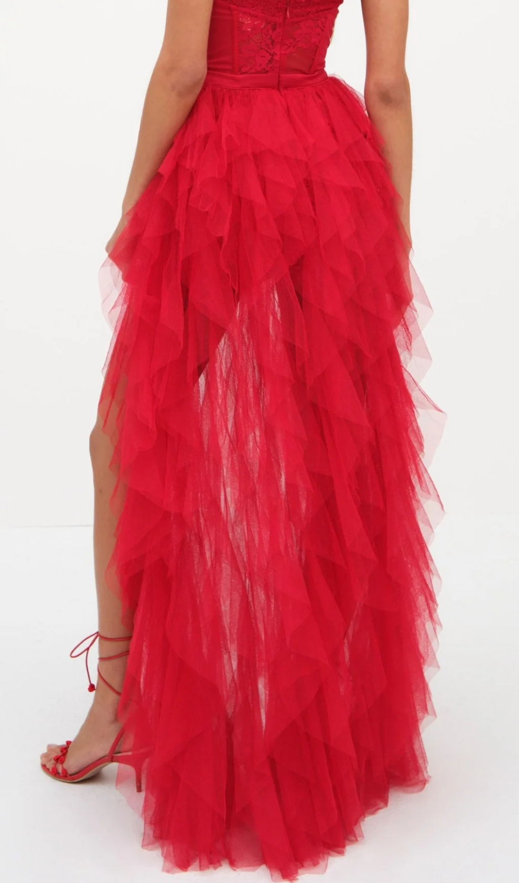 Flowering Girl Women Red Strapless Lace Patchwork Mesh Maxi Dress