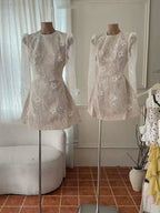 Amy Sheer Lace Long-Sleeve Floral Applique Mini Dress In Beige