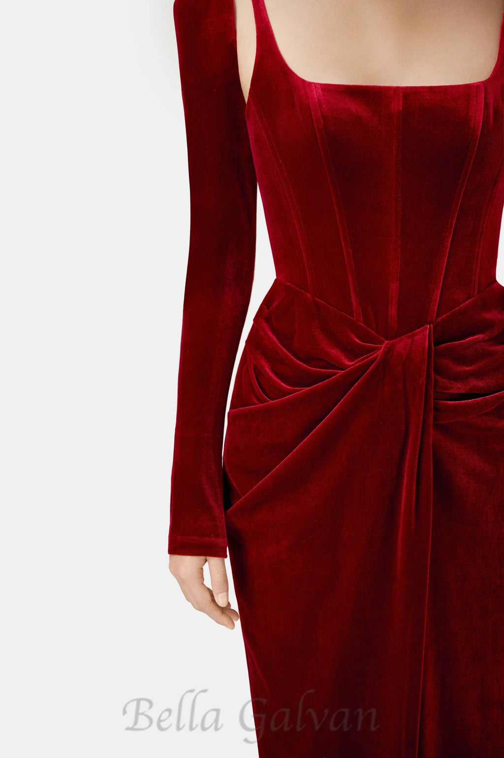 Flowering Girl Women Bordeaux Velvet Draped midi Dress