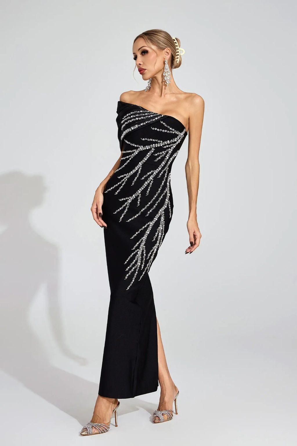 Xaviera Black Diamond Bandage Strapless Maxi Dress