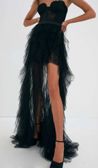 Flowering Girl Women Black Strapless Lace Patchwork Mesh Maxi Dress