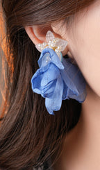 Flowering Girl Women Drew Blue Flower Earrings