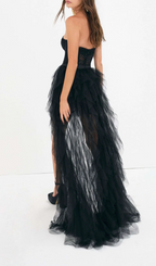 Flowering Girl Women Black Strapless Lace Patchwork Mesh Maxi Dress