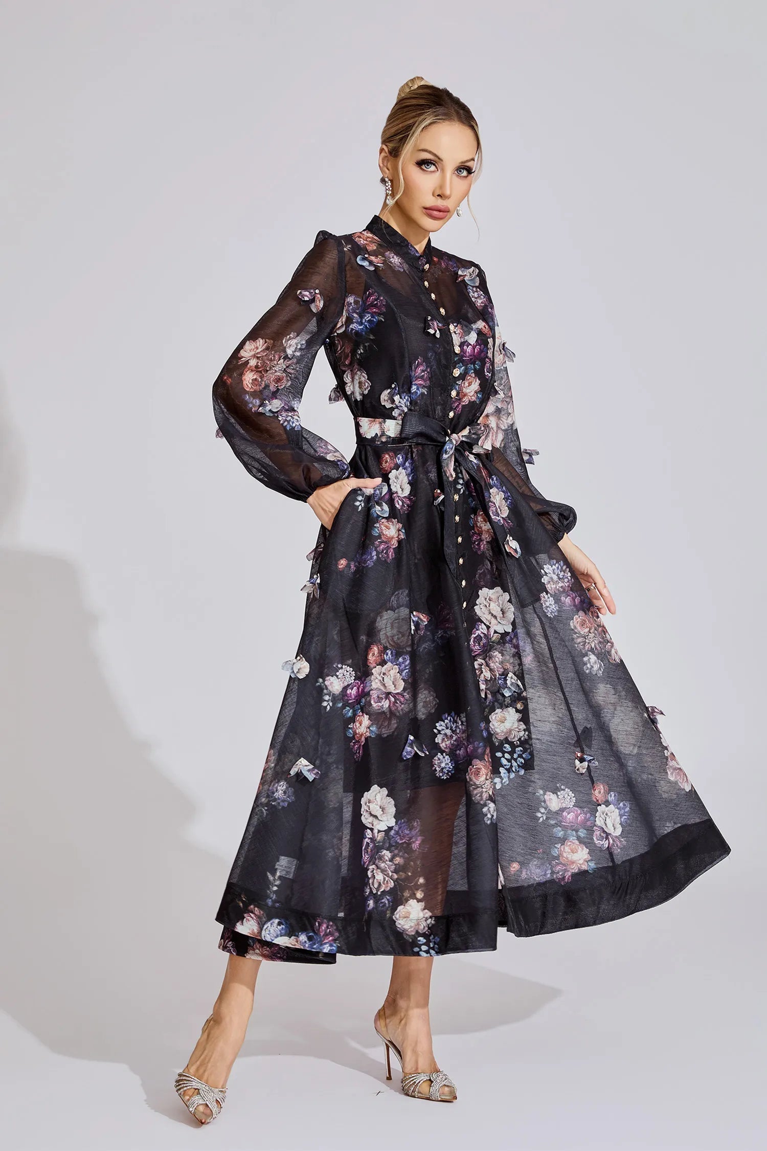 tiffany black floral Printed puff sleeve Maxi Dress