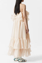Flowering Girl Women Hedwig Off-Shoulder Floral Printed Ruffle Maxi Dress In Beige