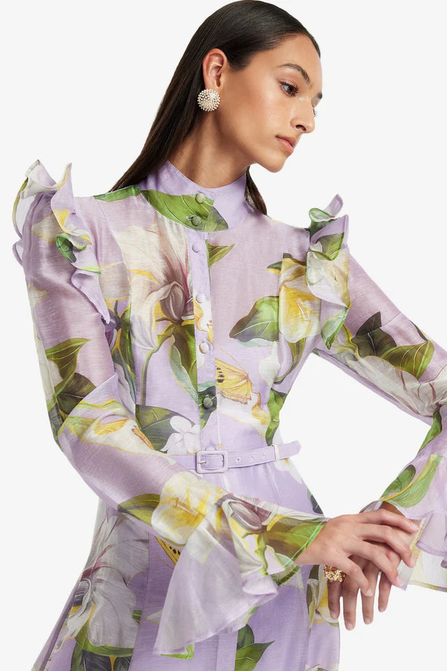 Winni Lily Blossom Print Lilac Butterfly Sleeve Midi Dress