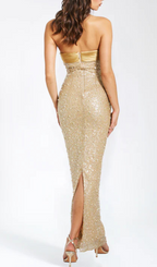 Flowering Girl Women GOLD SATIN SEQUIN PEARLS BEADED MAXI DRESS