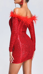 Flowering Girl Women Red Long Sleeve Feathers Sequin Dress
