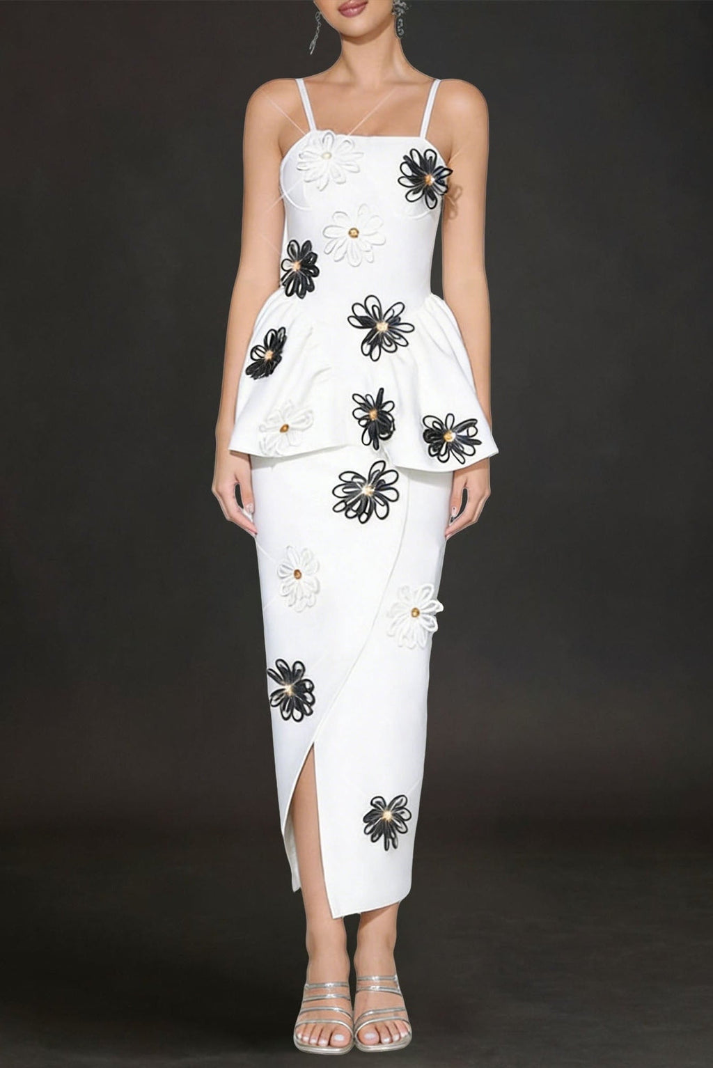 White Bodycon Midi Dress Bandage Elastic Sling With Handmade Flower