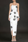 White Bodycon Midi Dress Bandage Elastic Sling With Handmade Flower