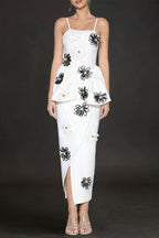 White Bodycon Midi Dress Bandage Elastic Sling With Handmade Flower