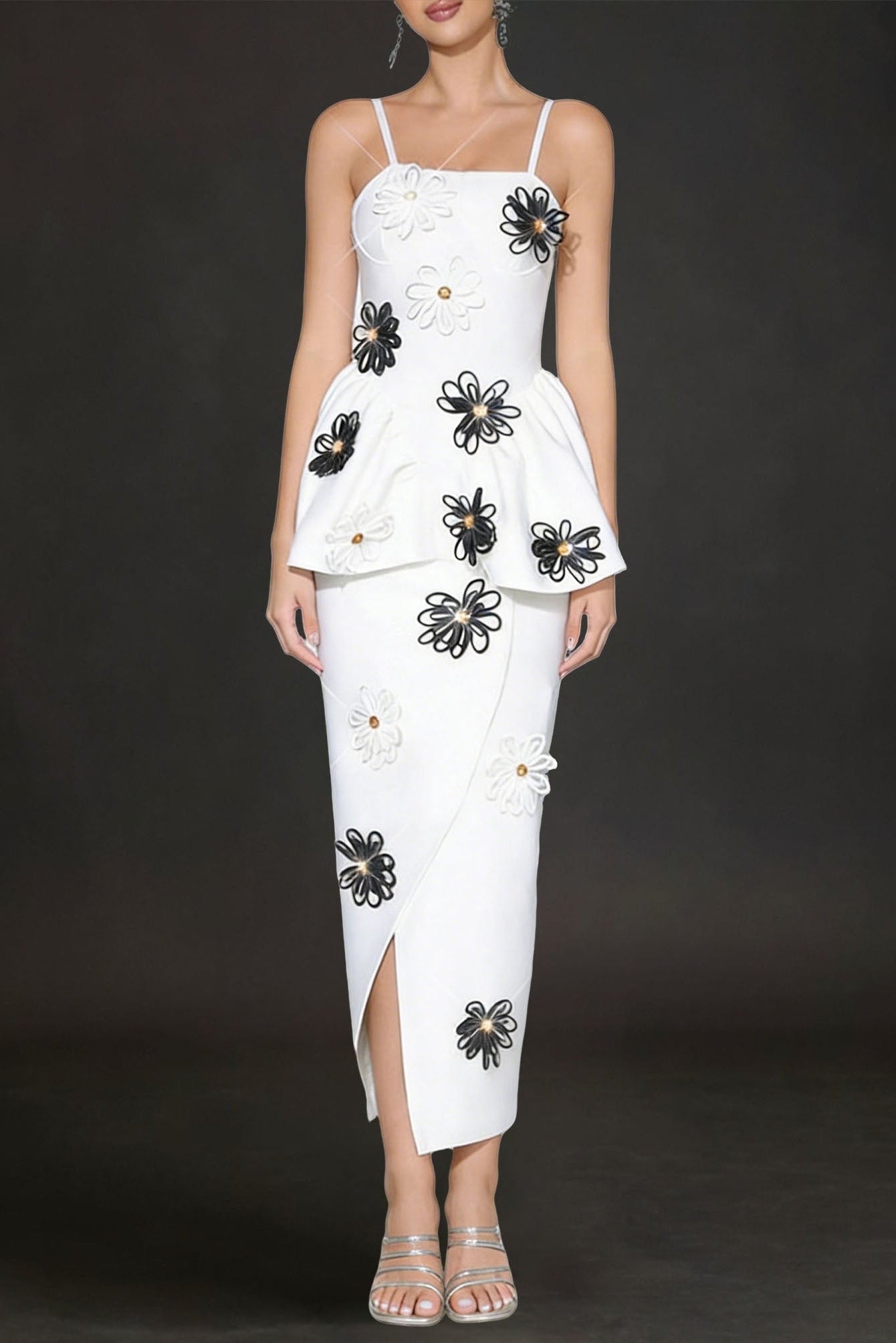White Bodycon Midi Dress Bandage Elastic Sling With Handmade Flower
