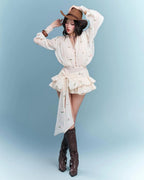 Amelia Embroidered Floral V-Neck Ruffle Mini Dress In Apricot