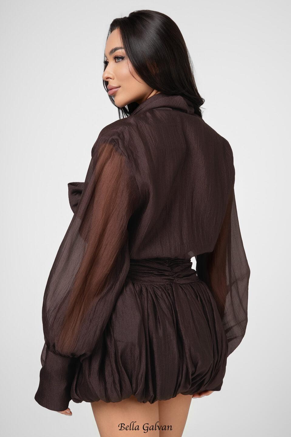viola dark brown tie-neck bow mini shirt dress