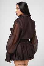 viola dark brown tie-neck bow mini shirt dress
