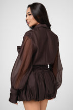 Viola Dark Brown Tie-Neck Bow Mini Shirt Dress