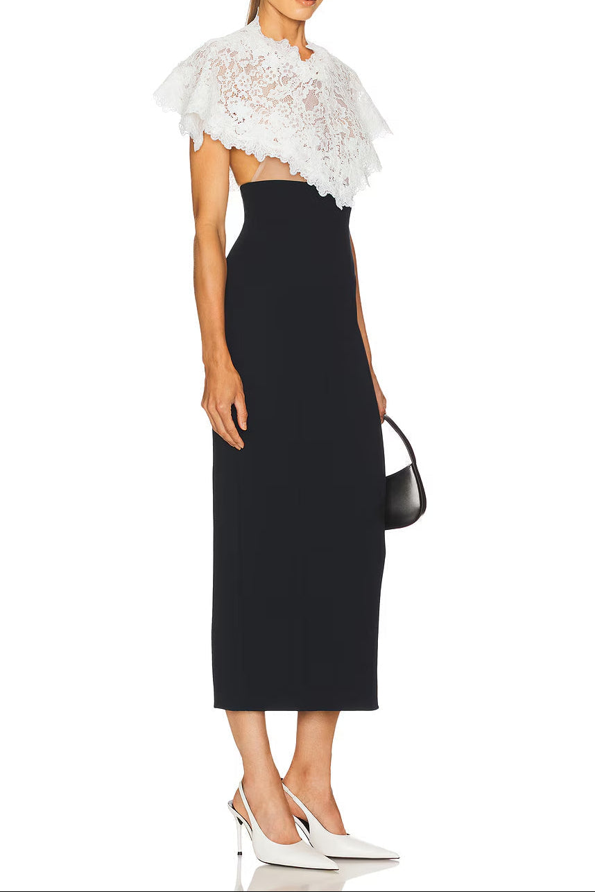 Flowering Girl Women Alice Lace Patchwork Shawl Bodycon Midi Dress In Black