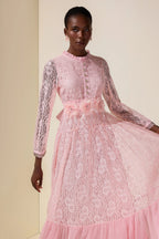 virginia Lace 3D Flower Rhinestone Rivets Midi Dress - pink