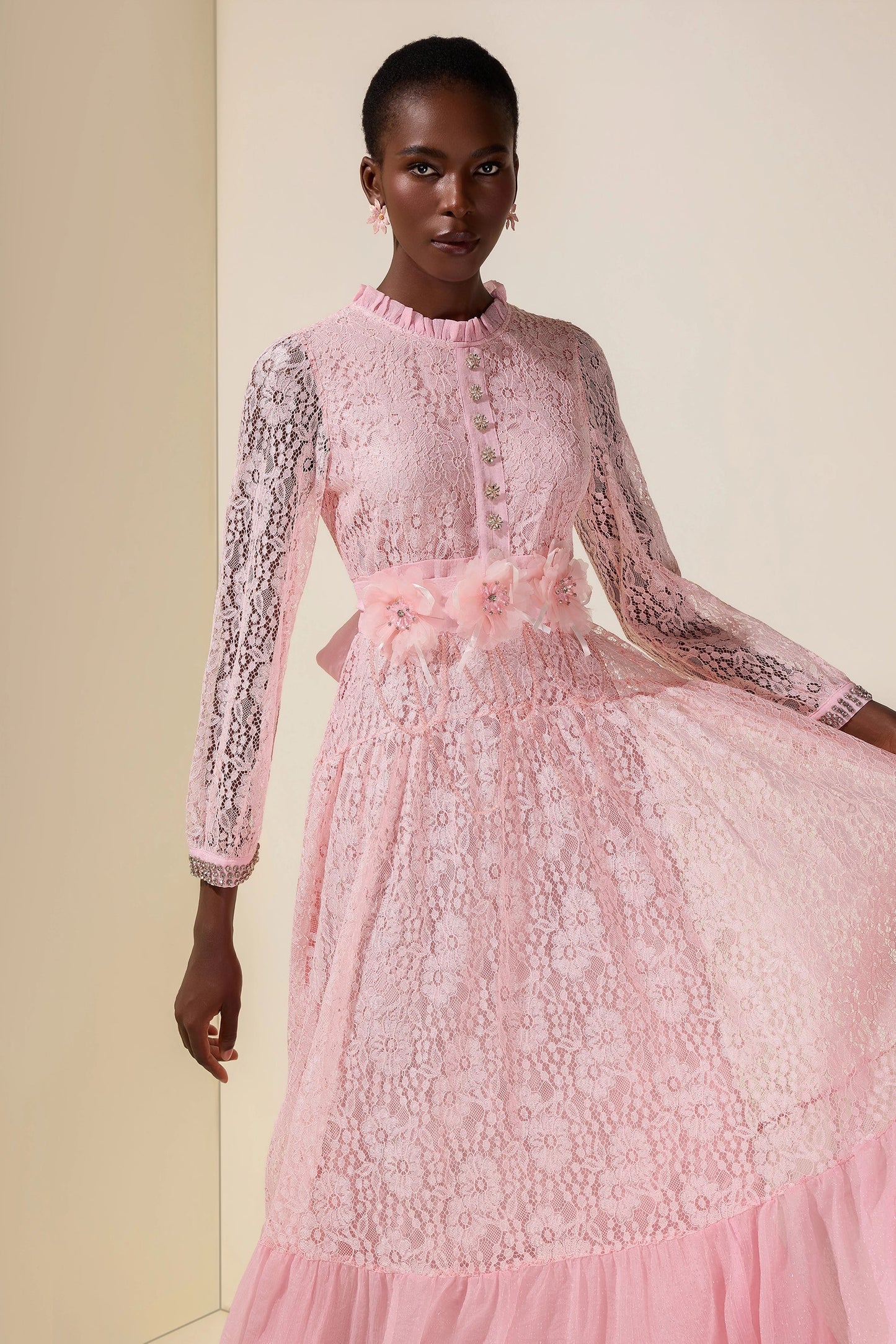 virginia Lace 3D Flower Rhinestone Rivets Midi Dress - pink