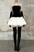Flowering Girl Women Petal-Layered Velvet Top Mini Skirt Suit Without Glove - Black/White