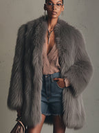Flowering Girl Women Gray Faux Fox Fur Eco Friendly Long Sleeve Jacket