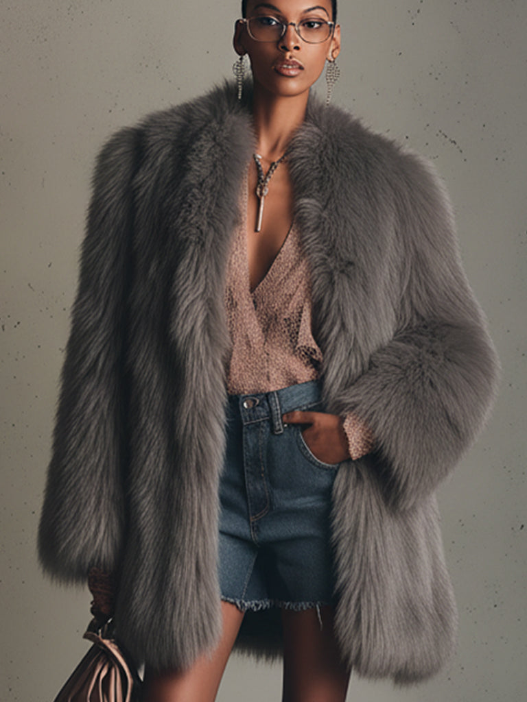 Flowering Girl Women Gray Faux Fox Fur Eco Friendly Long Sleeve Jacket