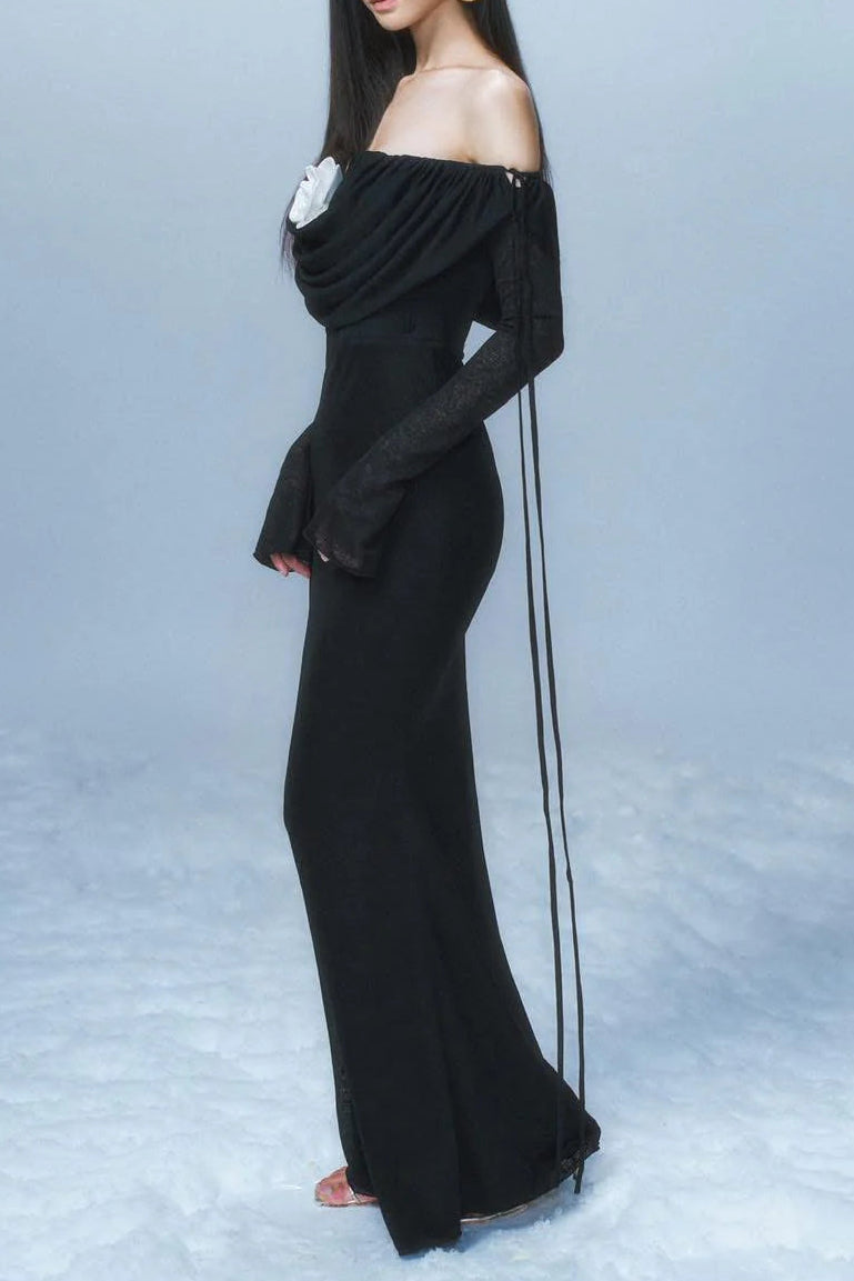 Flowering Girl Women Lila Flower Embellished Pleated Strapless Maxi Dress In Black