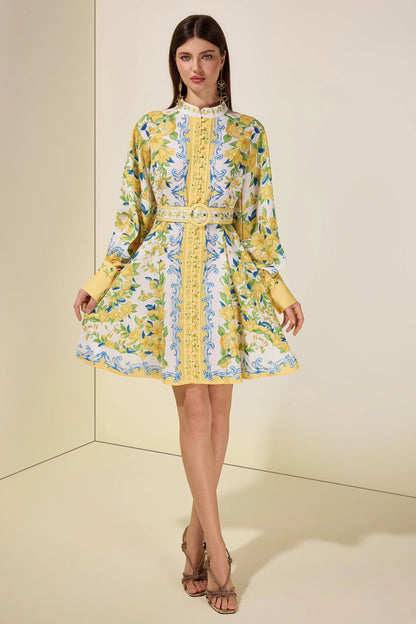 Lemon Floral Single-Breasted Midi Dress With Belt - yellow