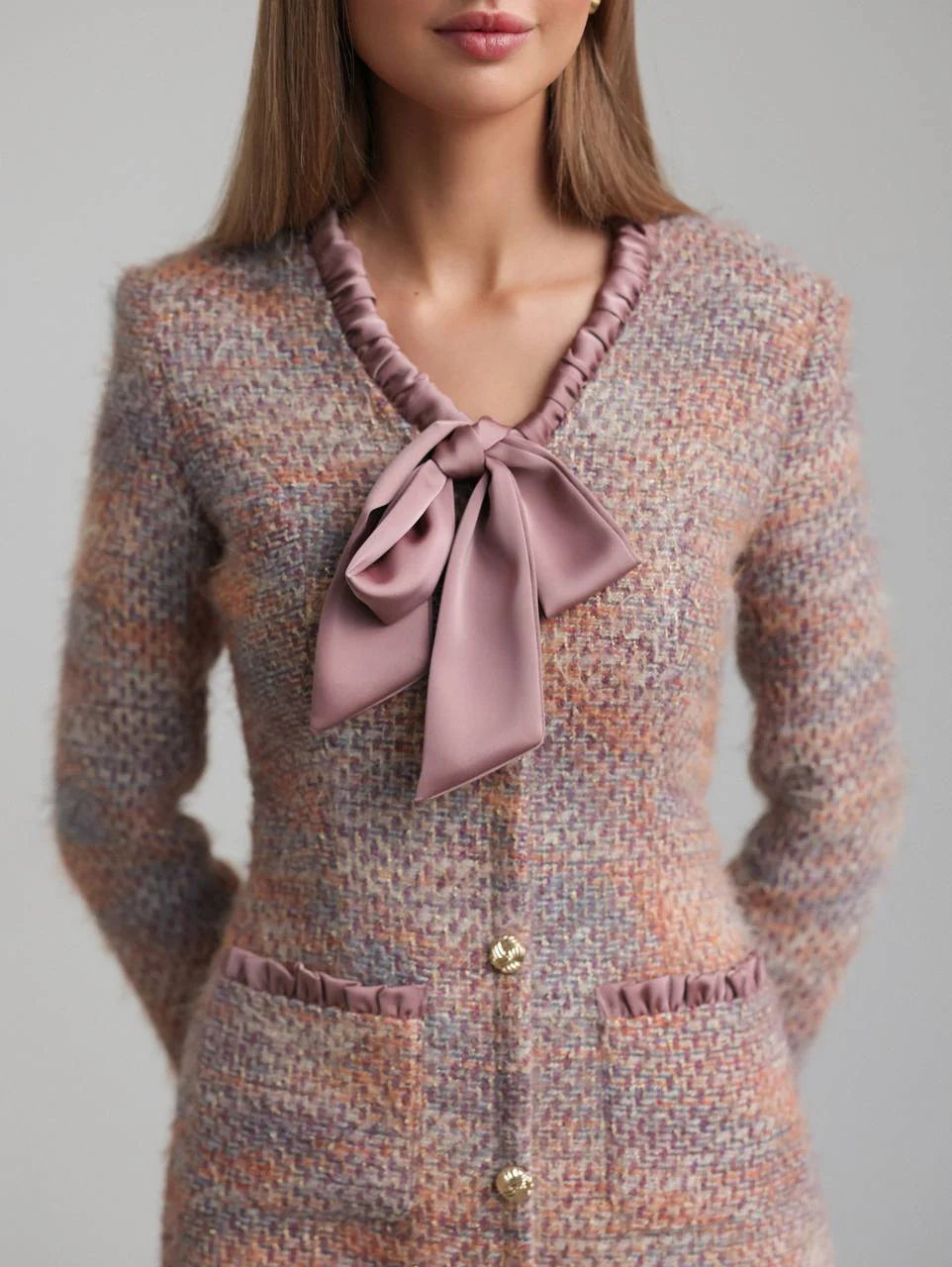 Xylia Bow v-Neck Long Sleeve Mini Dress In Multicolor