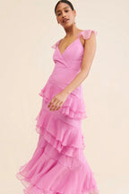 Flowering Girl Women Lucy Chiffon Ruffle Layered Midi Dress In Pink