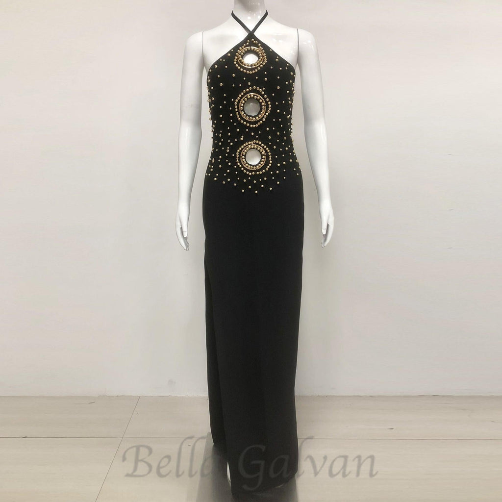 Flowering Girl Women embellished cut out halter maxi dress in black