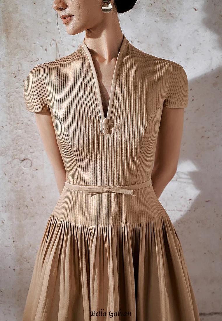 emily v-neck Pleated midi dress in khaki