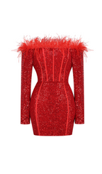 Flowering Girl Women Red Long Sleeve Feathers Sequin Dress