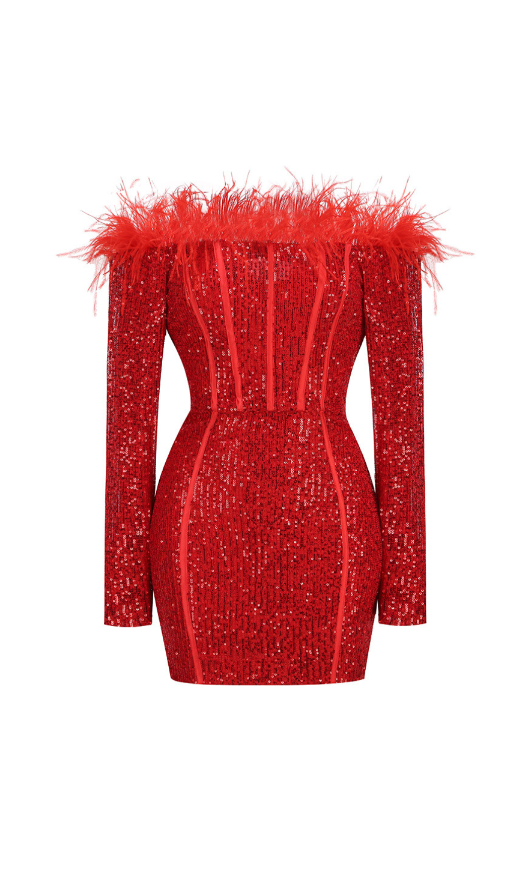 Flowering Girl Women Red Long Sleeve Feathers Sequin Dress