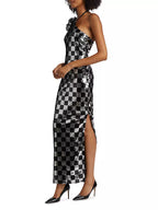 Flowering Girl Women checkerboard sequin halter gown with flower