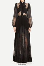 Flowering Girl Women simona lace splice Pleated maxi Dress in black