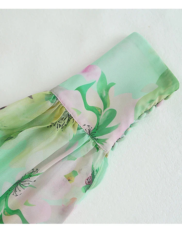 Flowering Girl Women V Neck Floral Print Chiffon Maxi Dress In Green