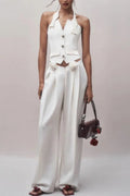 Flowering Girl Women Halter Neck Vest Flower Embellished Pants Suit In Ivory