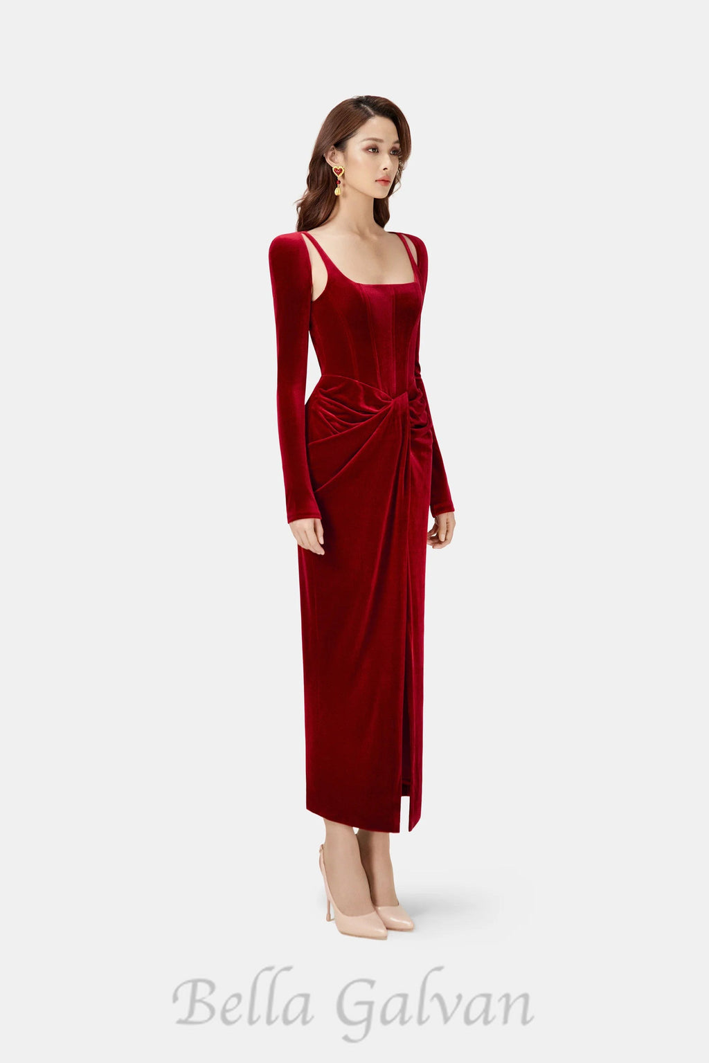 Flowering Girl Women Bordeaux Velvet Draped midi Dress