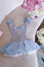 Flowering Girl Women Lace Embroidery Puffy Mini Dress In Blue