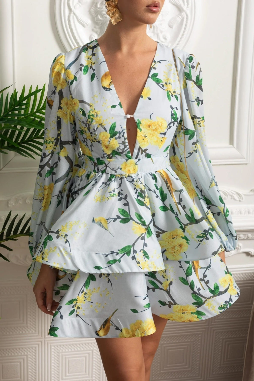 Flowering Girl Women Floral Romantic Mini Dress With Voluminous Sleeves And Peplum Detail - Sky Blue