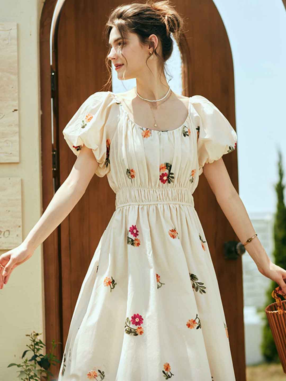 Flowering Girl Women rosalind Retro Embroidered Puff Sleeve Dress