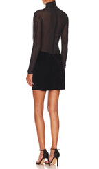 Flowering Girl Women Mesh Stitched Slim-Fit Mini Dress In Black