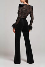 Flowering Girl Women Black Feather Sequin Jumpsuit