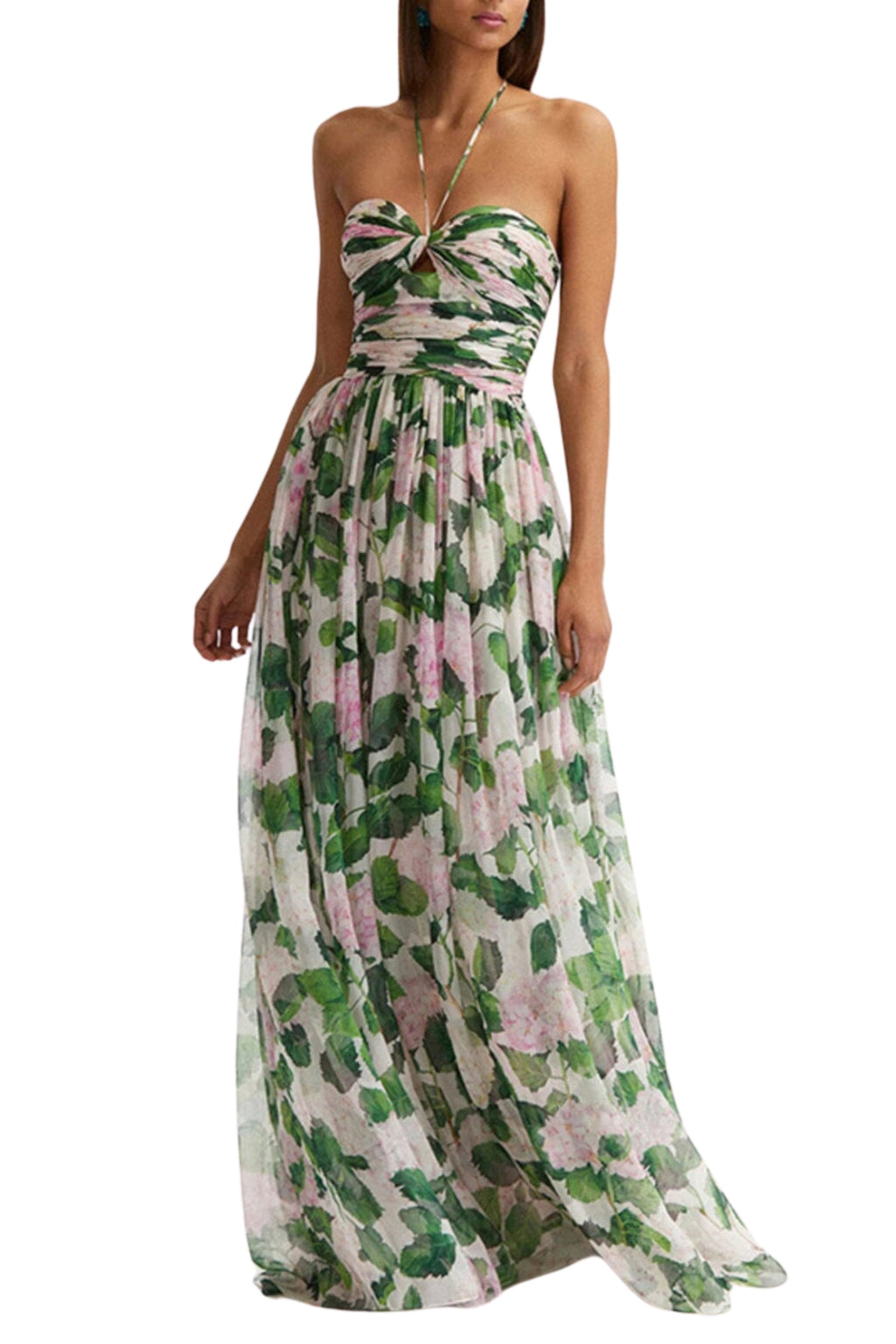 Flowering Girl Women Floral Halterneck Maxi Dress In Green