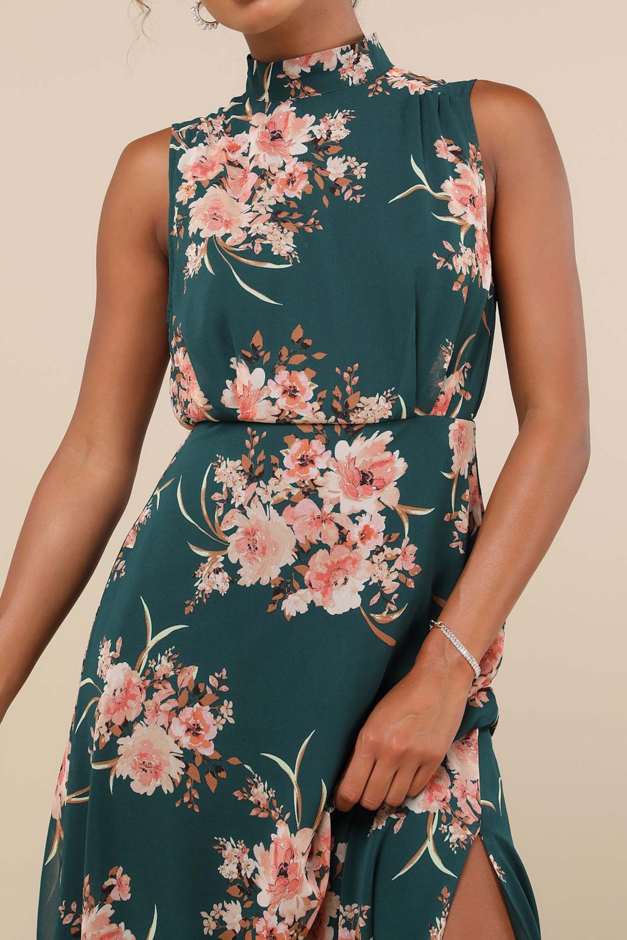 Flowering Girl Women Emerald Floral Mock Neck Maxi Dress