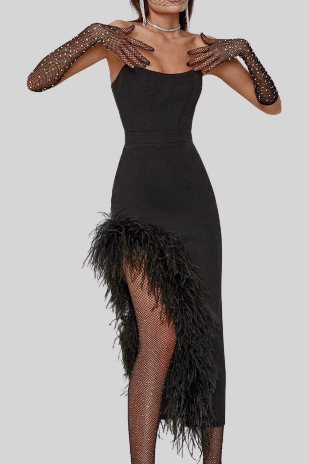 Flowering Girl Women Feather High-Low Dress In Black